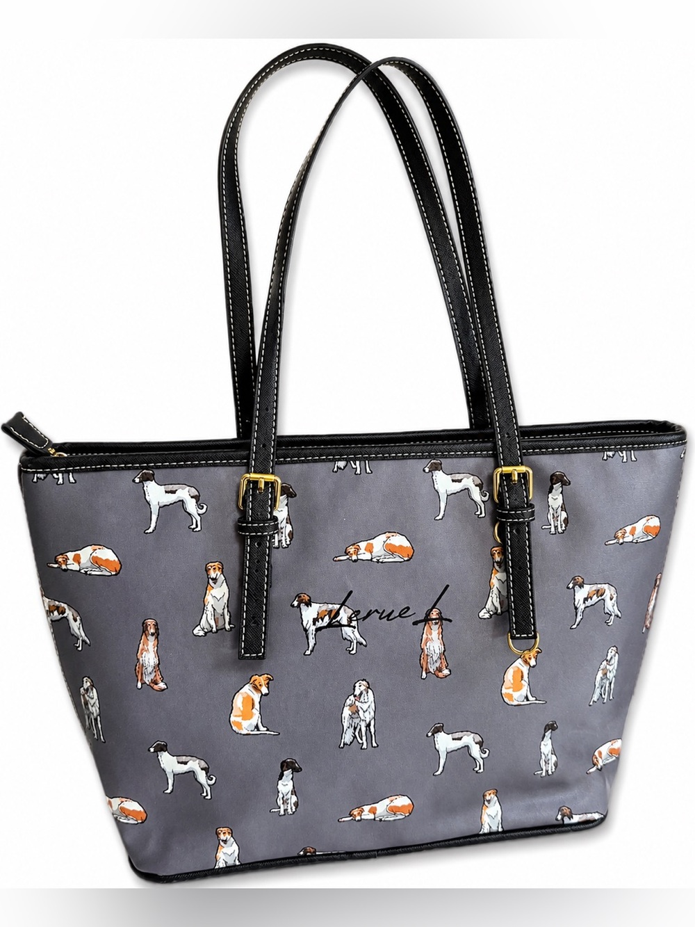 Lerue L Borzoi Russian Wolfhound Dog Print Gray Large Zip purse tote bag - Picture 5 of 5